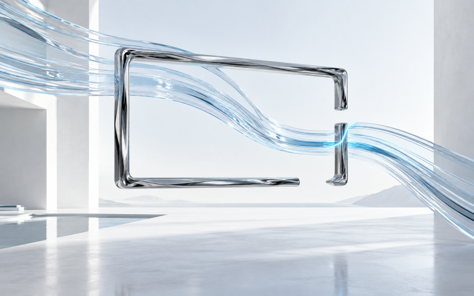 Cadre chromé traversé par des canaux de verre bleu