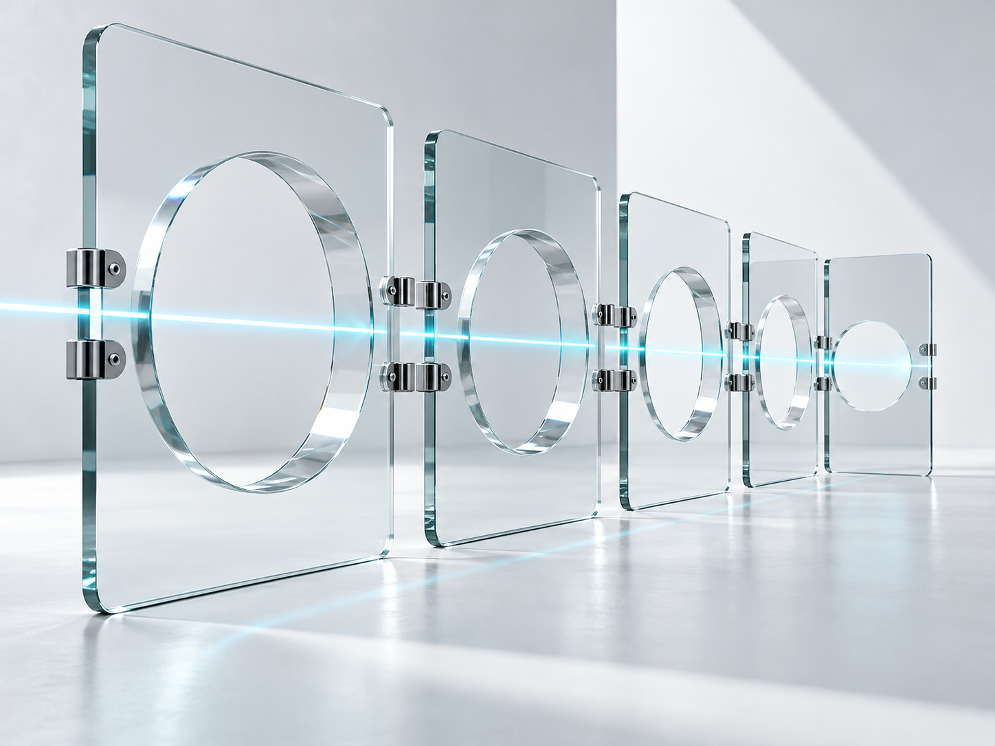 Panneaux de verre alignés par un faisceau cyan